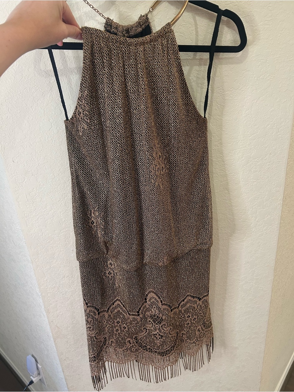 SLNY Metallic Halter Fringe Dress in Bronze